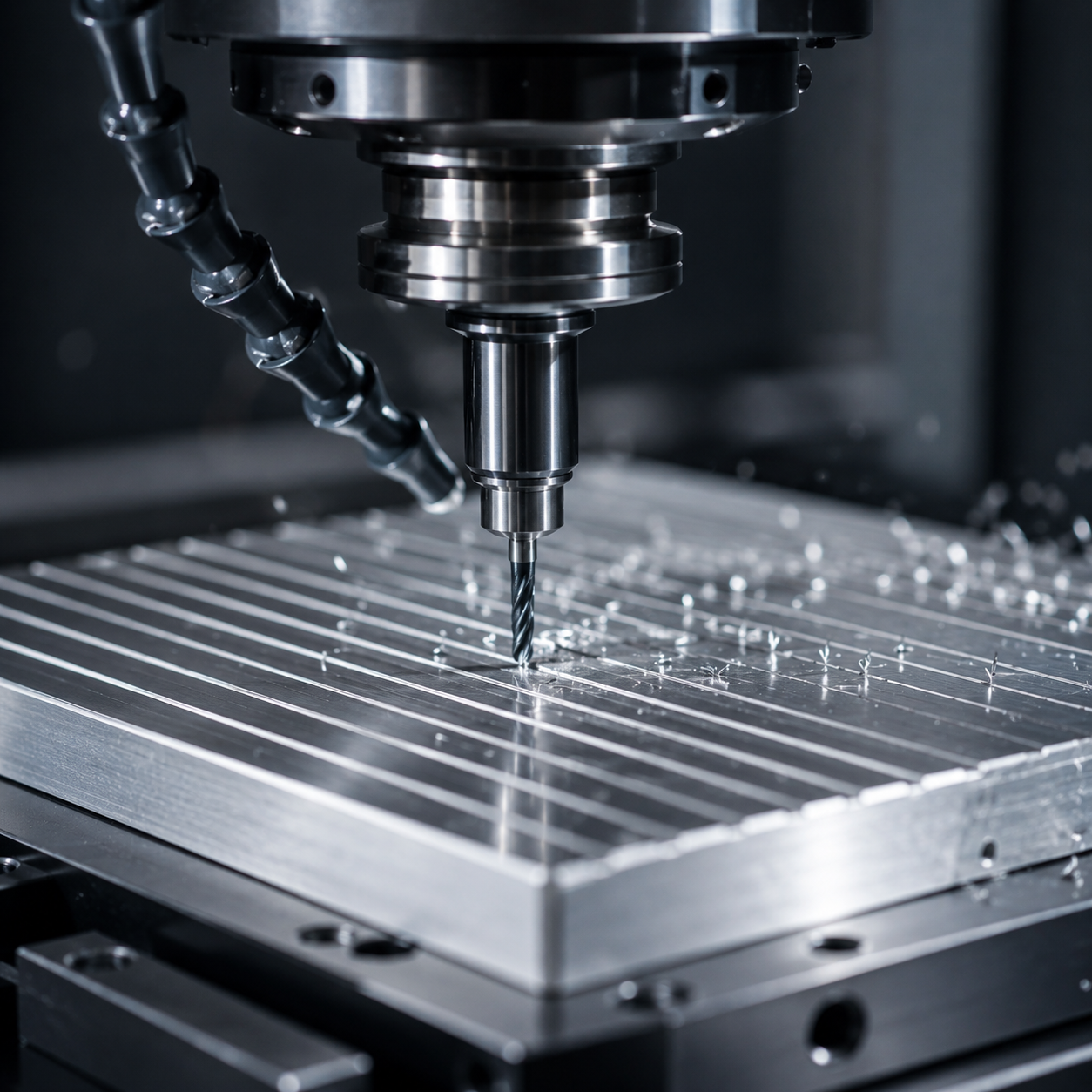 Zu sehen ist die Bearbeitung eines Frästeils mit einer CNC-Fräse. Zwei Düsen besprühen dabei das Werkstück zur Kühlung mit einer Flüssigkeit